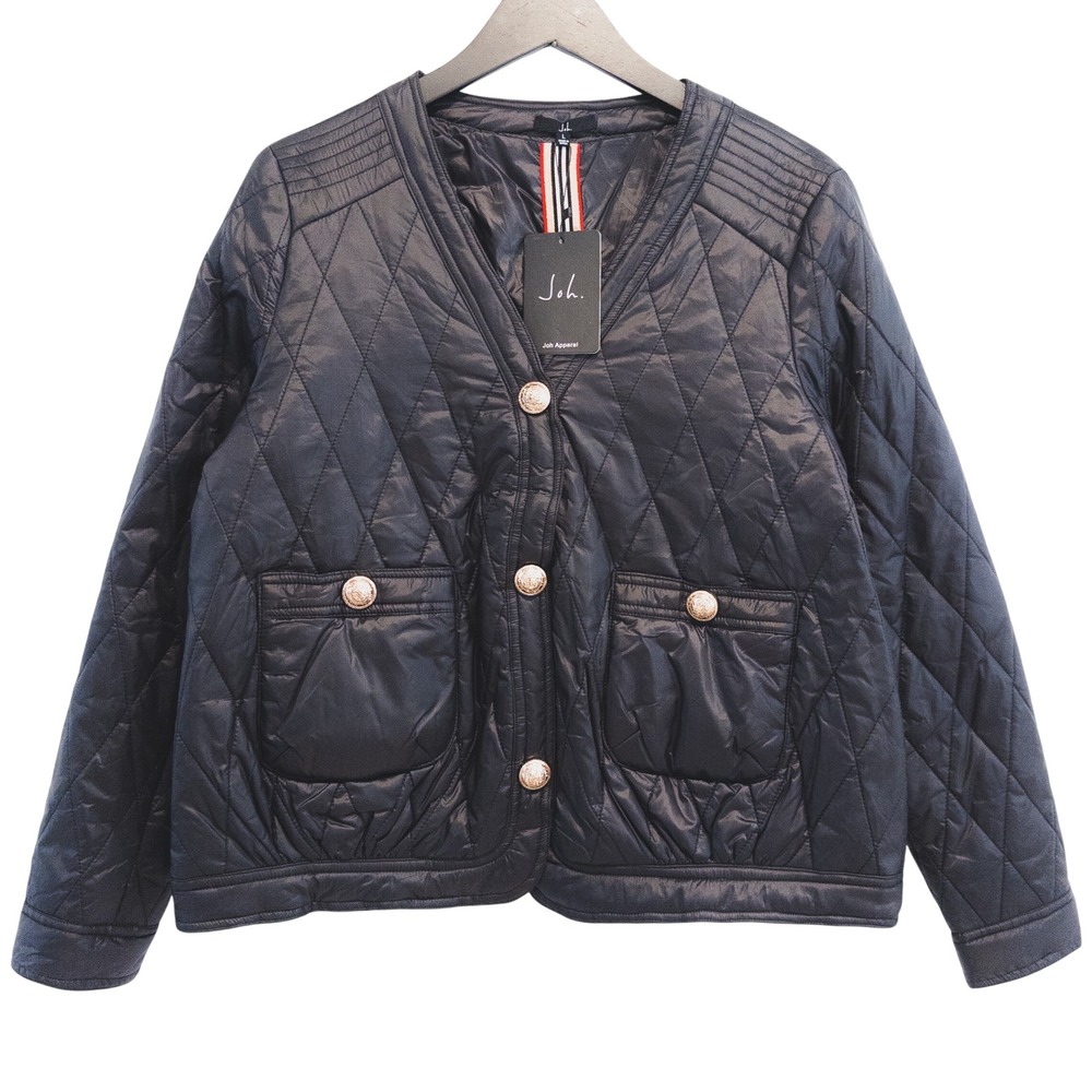 Joh Apparel Quilted Puffer Jacket Womens L Black Gold Old Money Style NWT